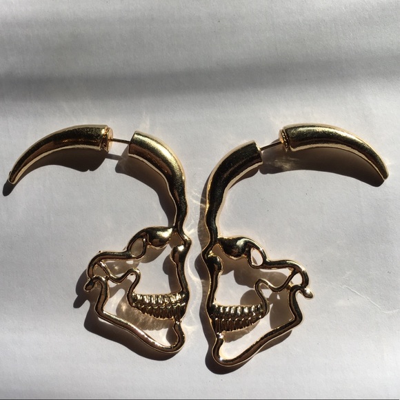 Gold Silouhette Skull Earrings - Picture 4 of 8